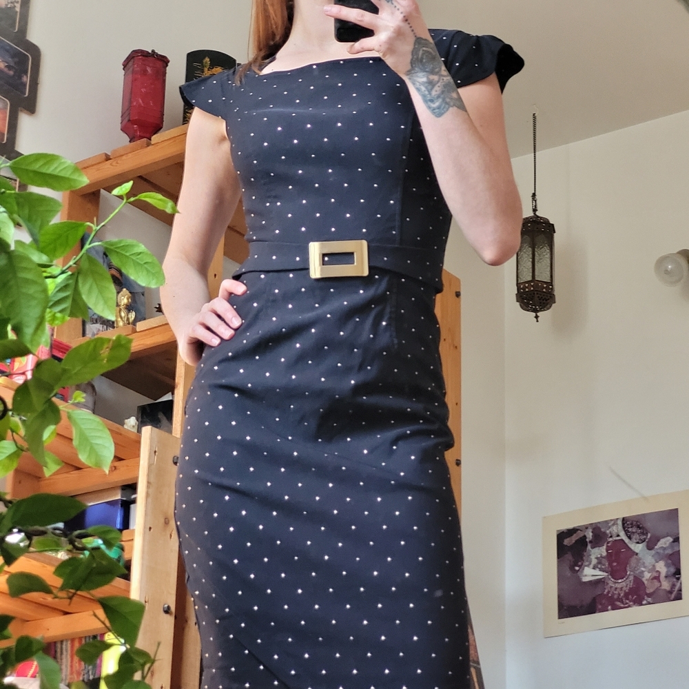 Joseph Ribkoff Black Golden Studded Midi Belted Classy Dress - Size 4
